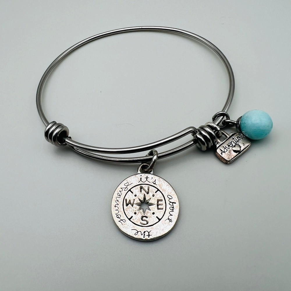 Compass‎ Charm Bangle Bracelet Silver Tone Adventure Travel Expandable Wire
